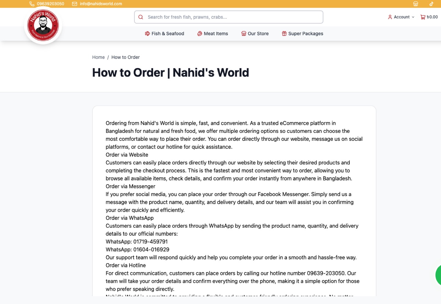 How to order page listing website, Messenger, WhatsApp, and hotline